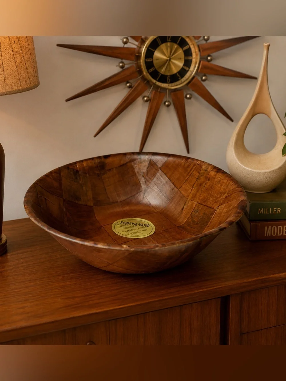 Vintage Formosa-Wood Veneer Wooden Salad Bowl 12” Taiwan MCM Boho Serving Bowl